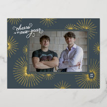 New Year Photo & Fireworks Holiday Foil Postcard
