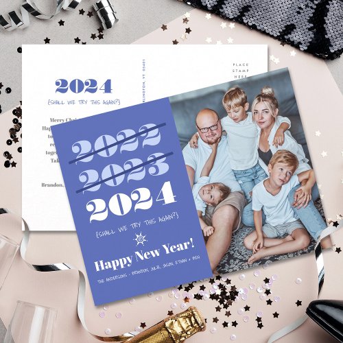 New Year Photo Funny 3rd Time a Charm Modern Blue Holiday Postcard