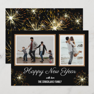 New Year Photo Holiday Card Black & Gold Fire Work