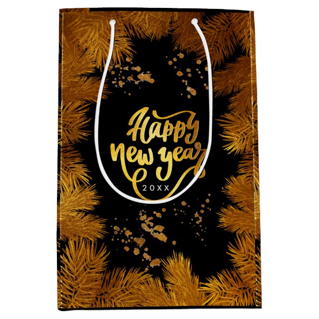 New Year Pine Gold Elegant Corporate Party Medium  Gift Bag (Front)
