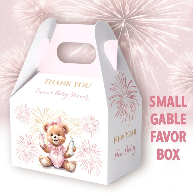 New Year Pink Girl Baby Shower Favor Box (New Year Pink Bear Small Gable Favor Box -  You can choose from 3 sizes of these gable favor boxes)