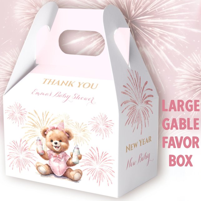 New Year Pink Girl Baby Shower Large Gable Favor Boxes (New Year Pink Bear Large Gable Favor Box -  You can choose from 3 sizes of these gable favor boxes)
