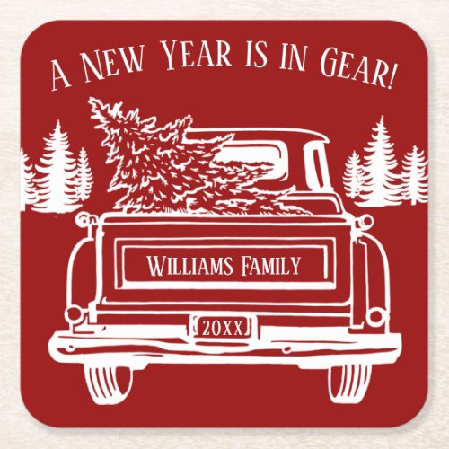 New Year Quote Red White Vintage Truck Name Square Paper Coaster