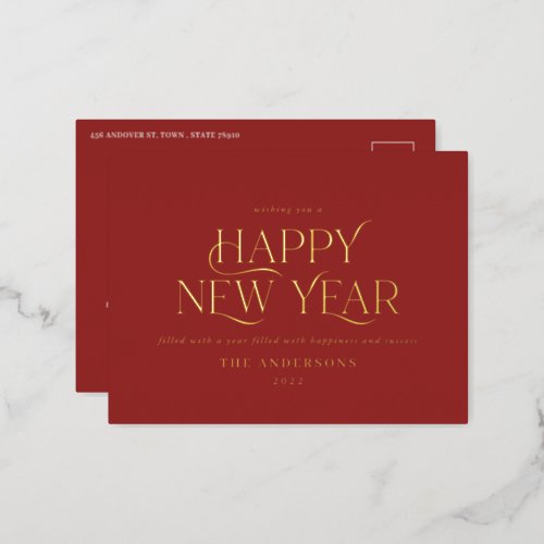New year red elegant minimal modern traditional foil holiday postcard