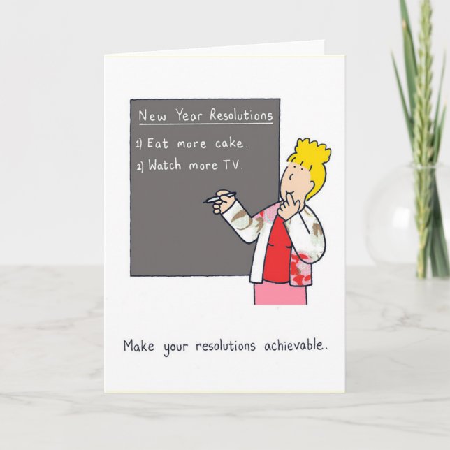 New Year Resolutions Humor Cake and TV Holiday Card (Front)