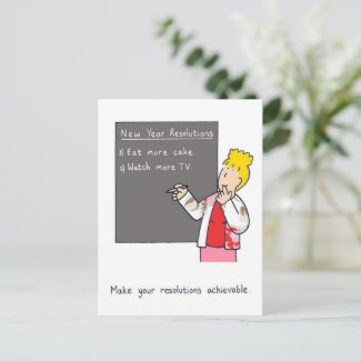 New Year Resolutions Humor, Cake and TV. Holiday Postcard