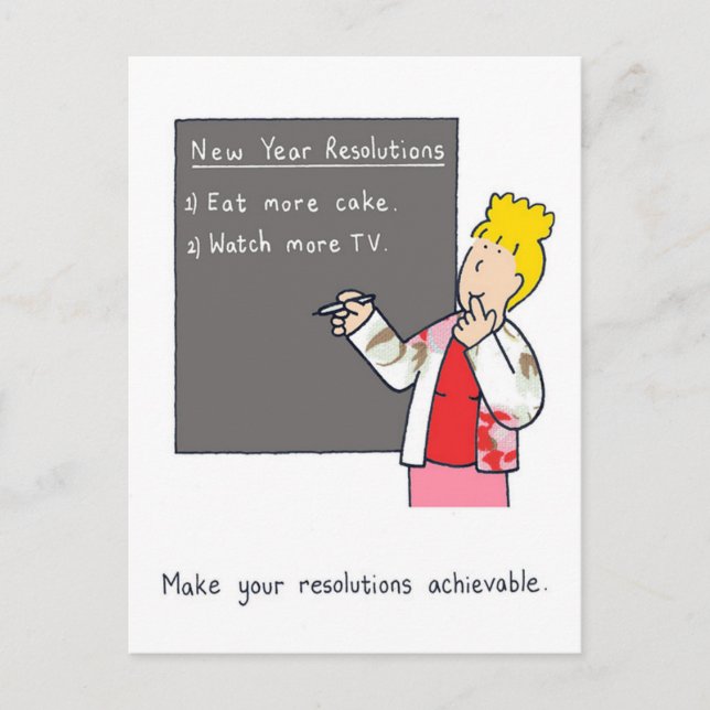 New Year Resolutions Humor Cake and TV Holiday Postcard (Front)