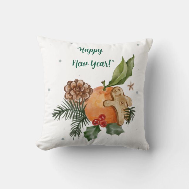 “New Year’s Citrus & Sweets Watercolor” Throw Pillow (Front)