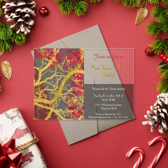 New Year’s Eve gold tree red leaves Acrylic Invitations (Insitu (Holiday))