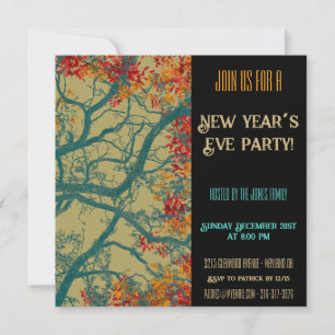  New Year’s Eve green tree red leaves Invitation