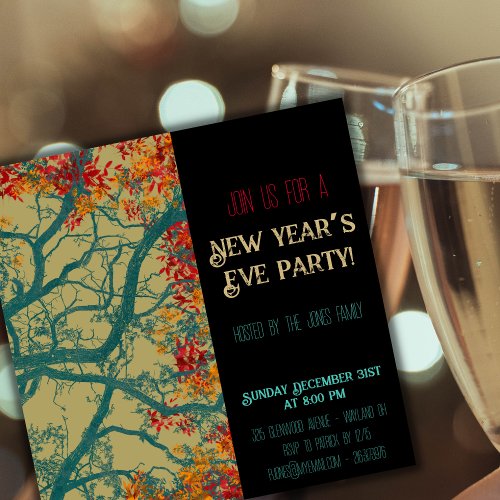  New Years Eve green tree red leaves Invitation