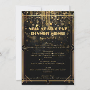 New Year’s Eve Menu Elegant Black & Gold Glitter Invitation