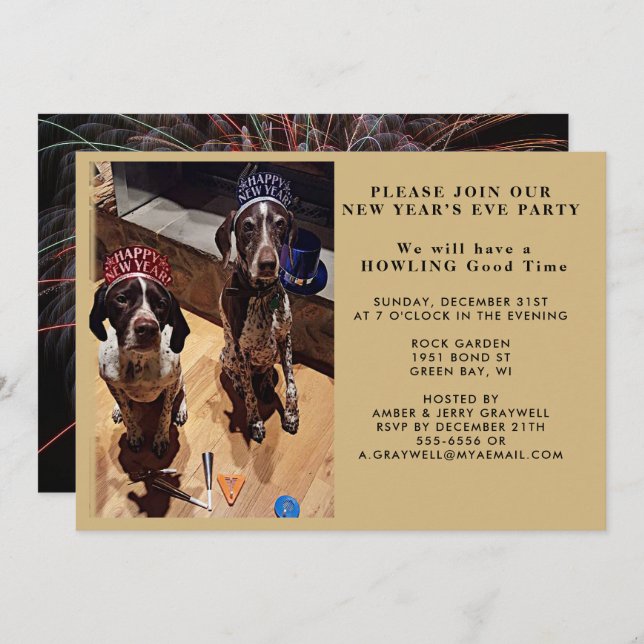 New Year’s Eve Party Dogs and Fireworks Invitation (Front/Back)