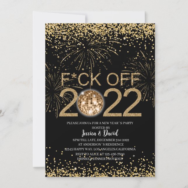New Year`s Eve Party Gold and Black Personalized Invitation (Front)