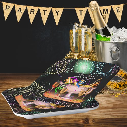 New Years Eve Party Spirits Black Background Paper Plates