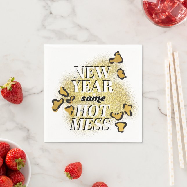 New Year Same Hot Mess Funny Gold Glitter Leopard Napkins (Insitu)