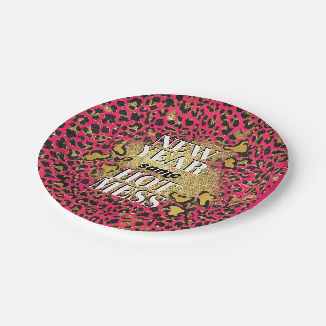 New Year Same Hot Pink Mess Gold Glitter Leopard Paper Plates (Angled)