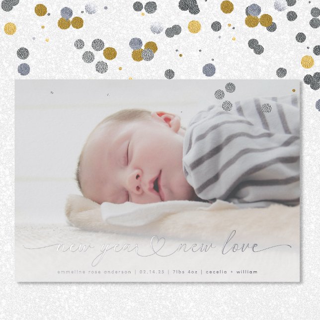 New Year Silver Foil Photo Birth Announcement Card (Creator Uploaded)