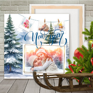 New Year Snowy Forest Photo Collage Blue Foam Board