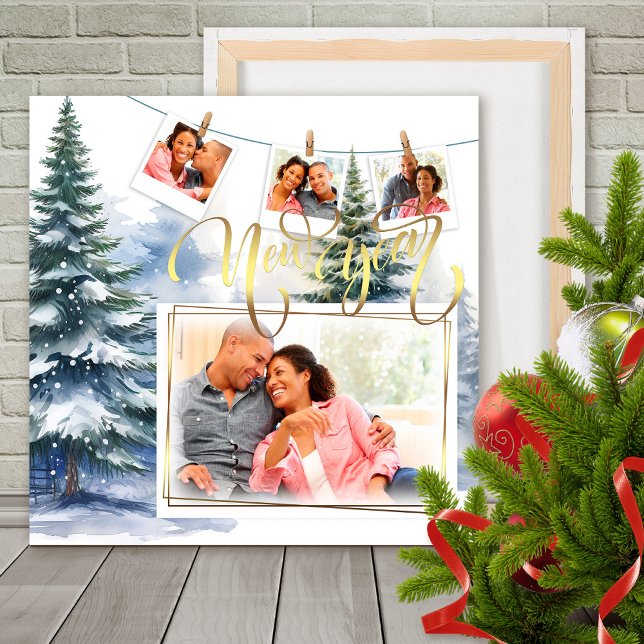 New Year Snowy Forest Photo Collage Gold Foam Board (Creator Uploaded)