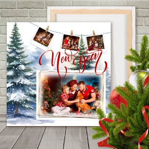 New Year Snowy Forest Photo Collage Red Foam Board