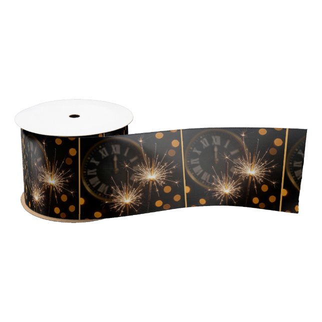 New Year Sparklers On a Midnight Clock Satin Ribbon (Spool)