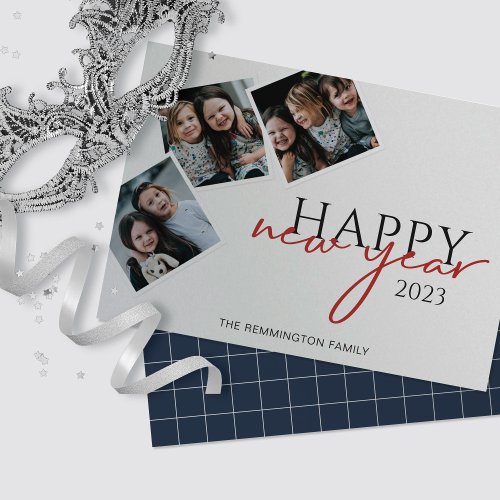 New Year Three Photo Snapshots Navy Silver Paper   Card