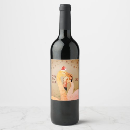 New Year Wine Label  Flamingo Birds