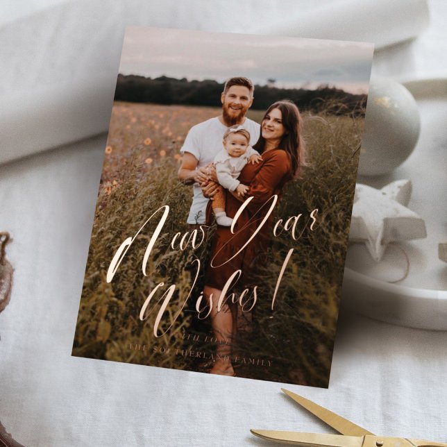 New Year Wishes Minimal Elegant Script Photo Foil Holiday Card (Creator Uploaded)