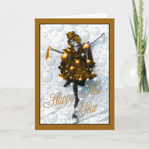 New Year Wishes Vintage Party Girl in Gold Holiday Card