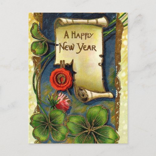 New Year With Four Leaf Clover Holiday Postcard