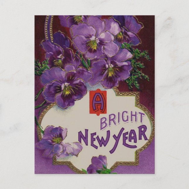 New Year With Purple Flowers Holiday Postcard (Front)
