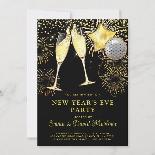 New Years 2024 Gold Glitter On Black Invitation