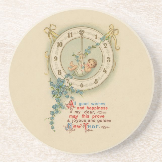New Years Baby Vintage Clock Drink Coaster (Front)