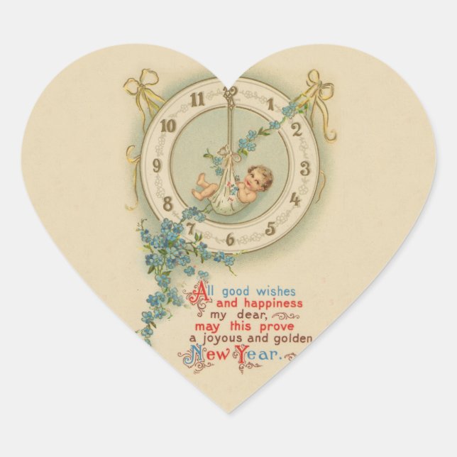 New Years Baby Vintage Clock Heart Sticker (Front)
