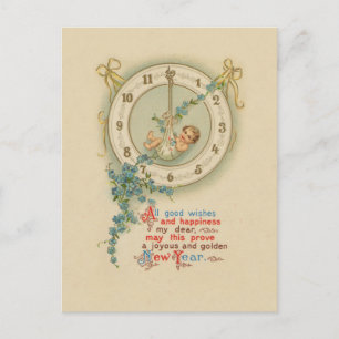 New Years Baby Vintage Clock Holiday Postcard