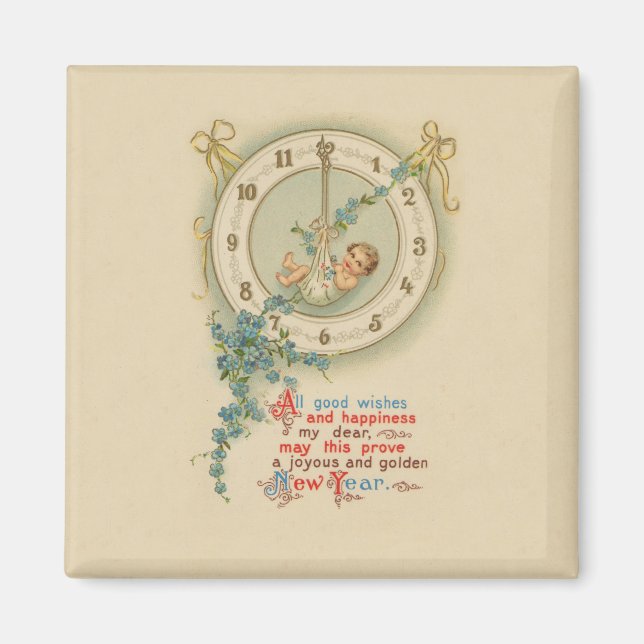New Years Baby Vintage Clock Magnet (Front)