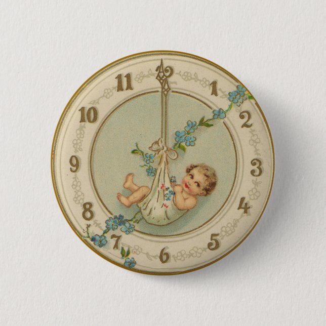 New Years Baby Vintage Clock Pinback Button (Front)