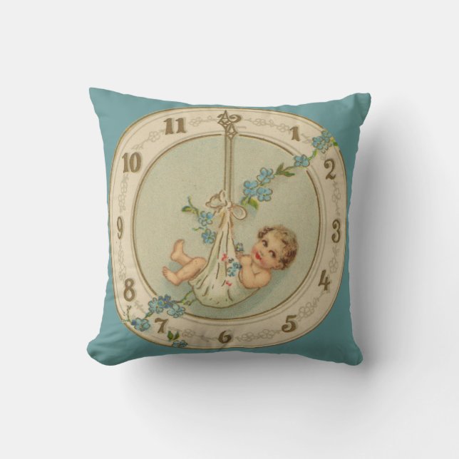 New Years Baby Vintage Clock Throw Pillow (Front)