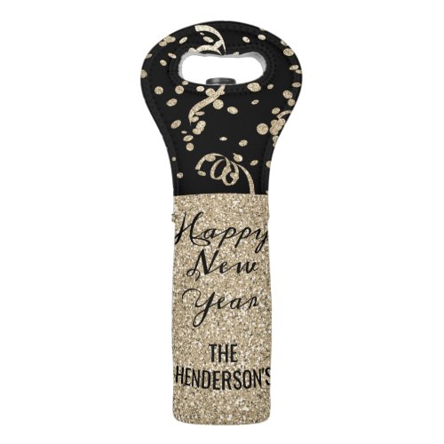 New Years Black and Gold Glitter Personalized  Wine Bag