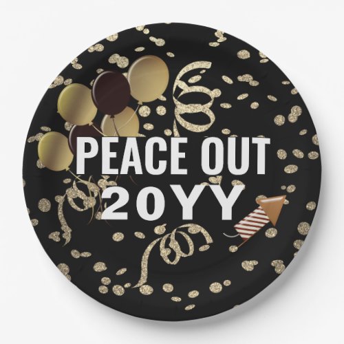 New Years Black Gold Glitter Confetti Party Paper Plates