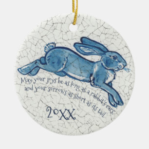 New Years Blue White Rabbit Bunny Delft Dedham Ceramic Ornament