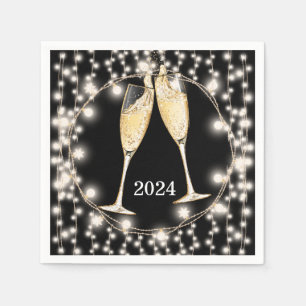 New Years Champagne Glasses Glowing String Lights Napkins