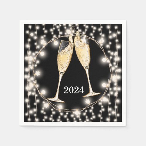 New Years Champagne Glasses Glowing String Lights Napkins
