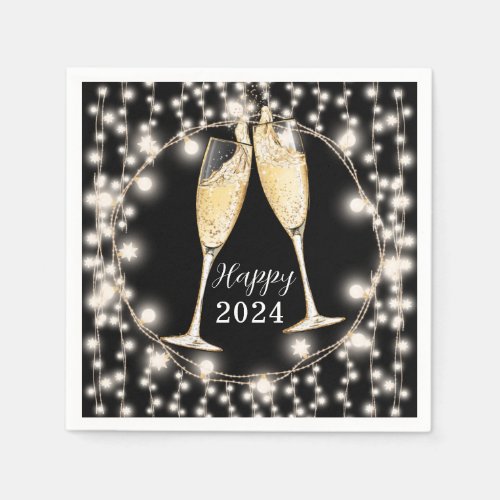 New Years Champagne Glasses String Lights 2024 Napkins