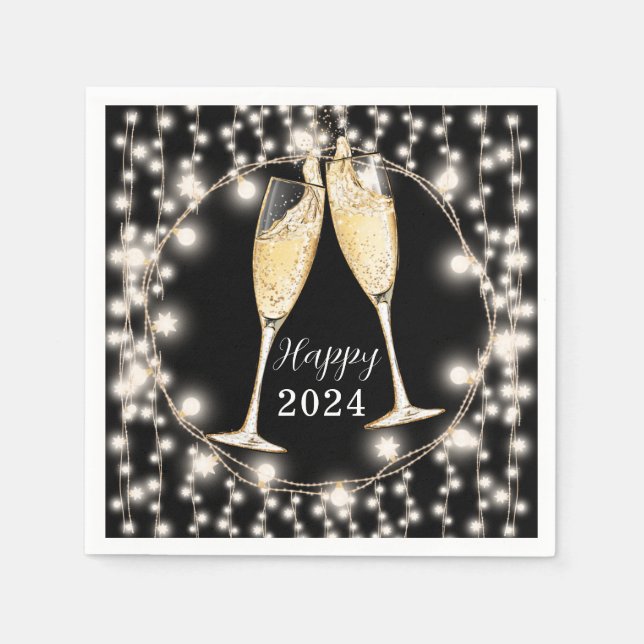 New Years Champagne Glasses String Lights 2024 Napkins (Front)