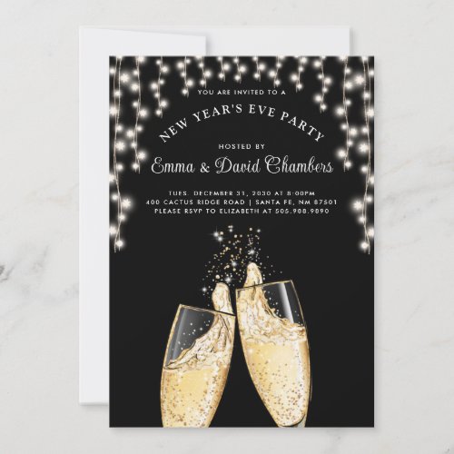 New Years Champagne String Lights On Black  Invitation