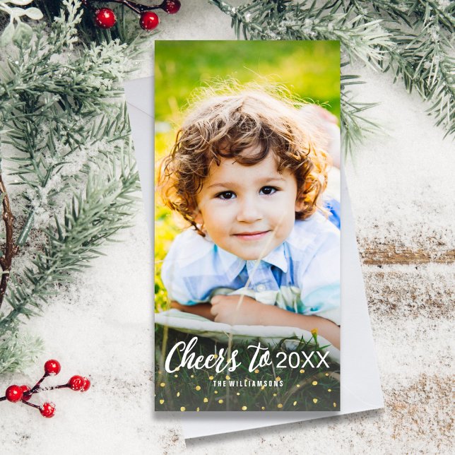 New Year's Cheers To 2018 Gold Confetti Photo Holiday Card (Creator Uploaded)