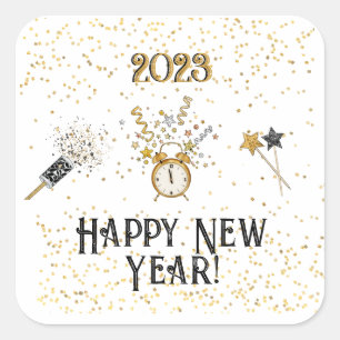 New Years Clock, Stars, Glitter, Star Wands Square Sticker