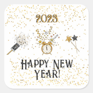 New Years Clock, Stars, Glitter, Star Wands Square Sticker